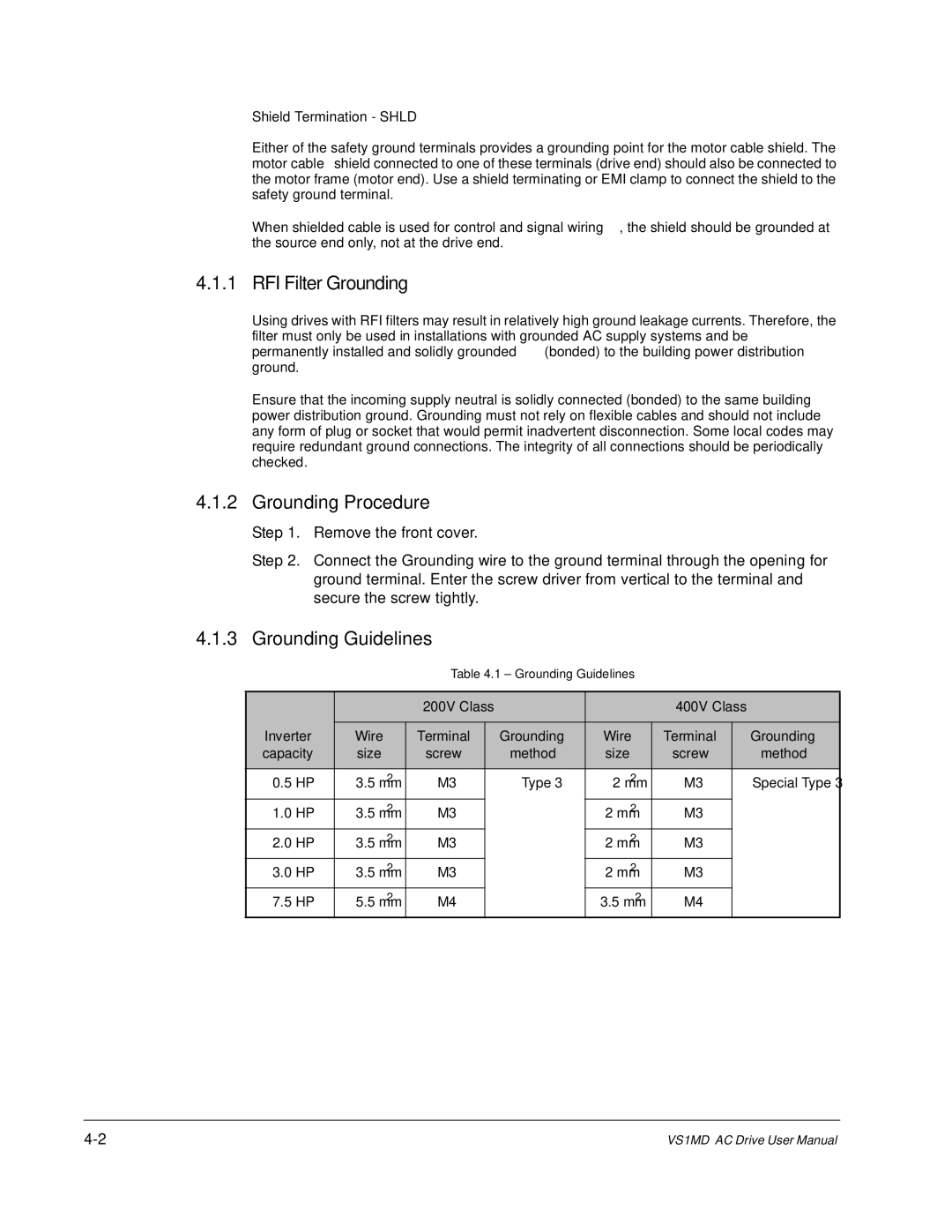 Baldor VS1MD instruction manual RFI Filter Grounding, Grounding Procedure, Grounding Guidelines 