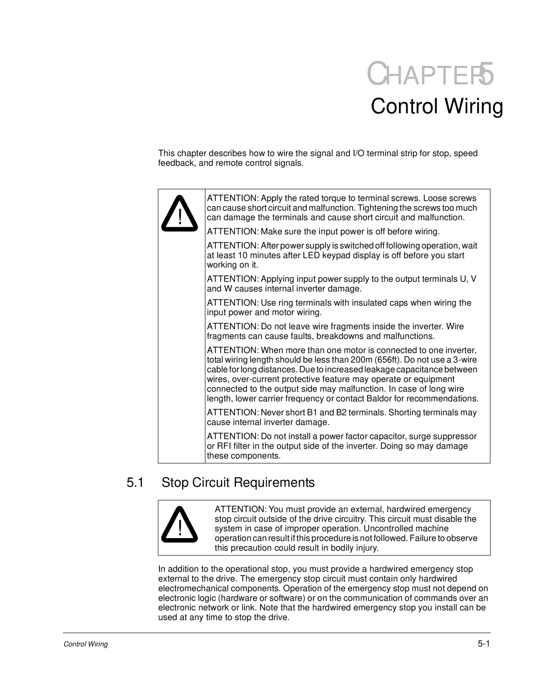 Baldor VS1MD instruction manual Control Wiring, Stop Circuit Requirements 