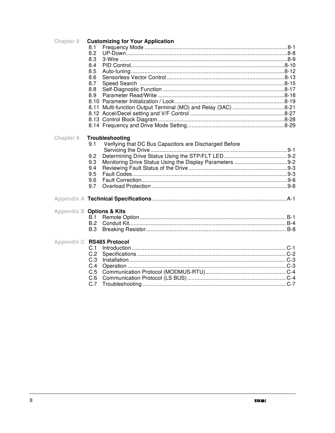 Baldor VS1MD Customizing for Your Application, Troubleshooting, Appendix B Options & Kits, Appendix C RS485 Protocol 