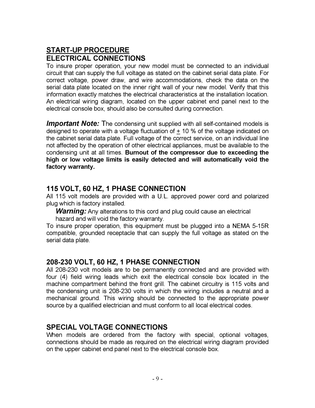 Bally Refrigerated Boxes Refrigerators/Freezers/Warmers manual START-UP Procedure Electrical Connections 