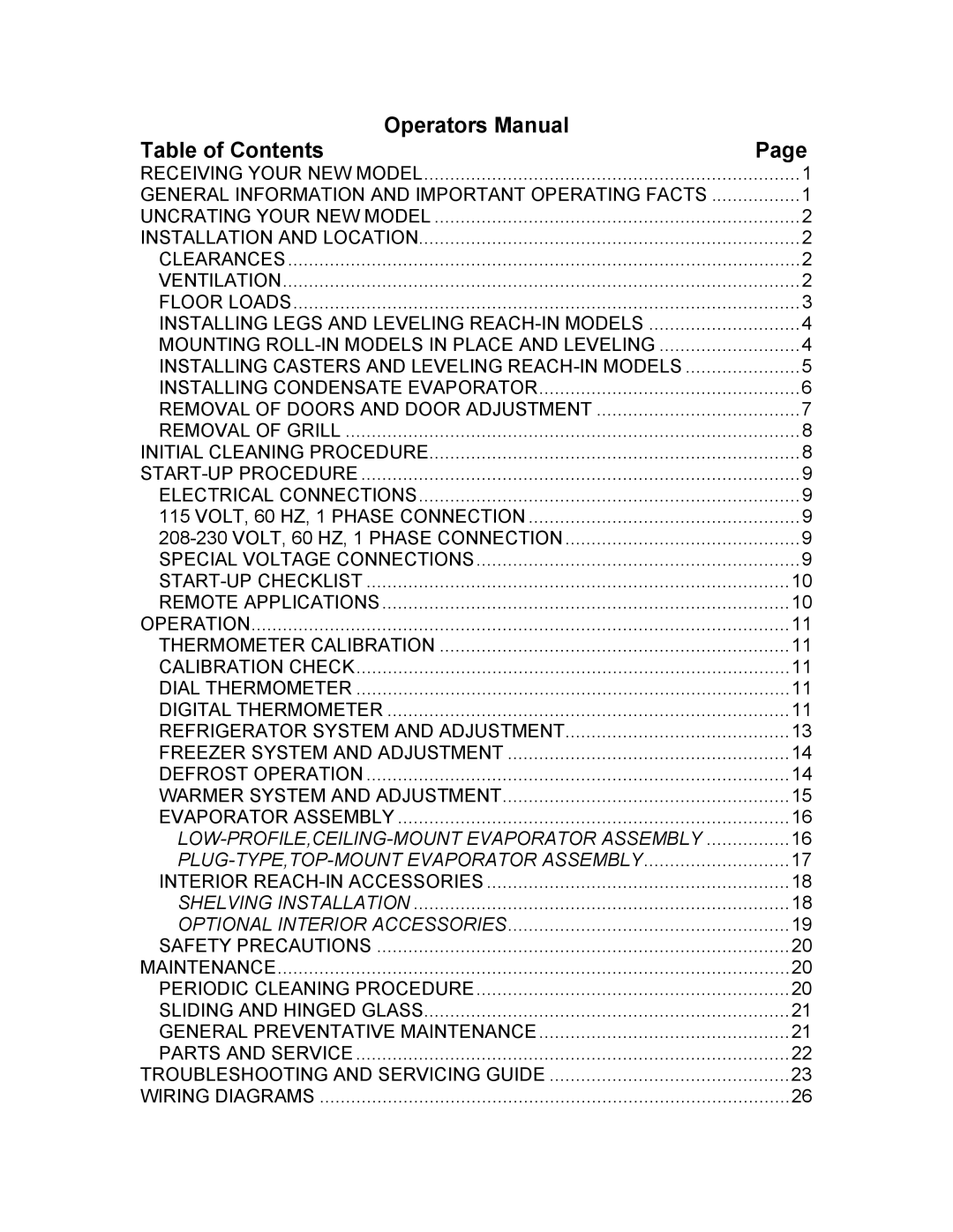 Bally Refrigerated Boxes Refrigerators/Freezers/Warmers manual Operators Manual Table of Contents 