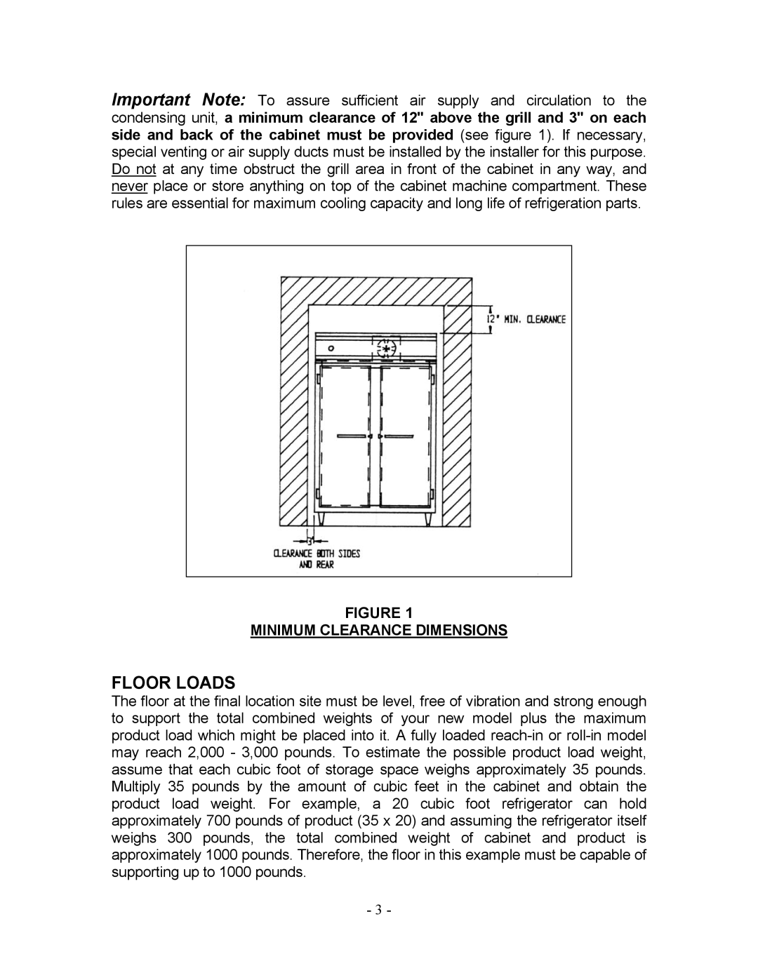 Bally Refrigerated Boxes Refrigerators/Freezers/Warmers manual Floor Loads, Minimum Clearance Dimensions 