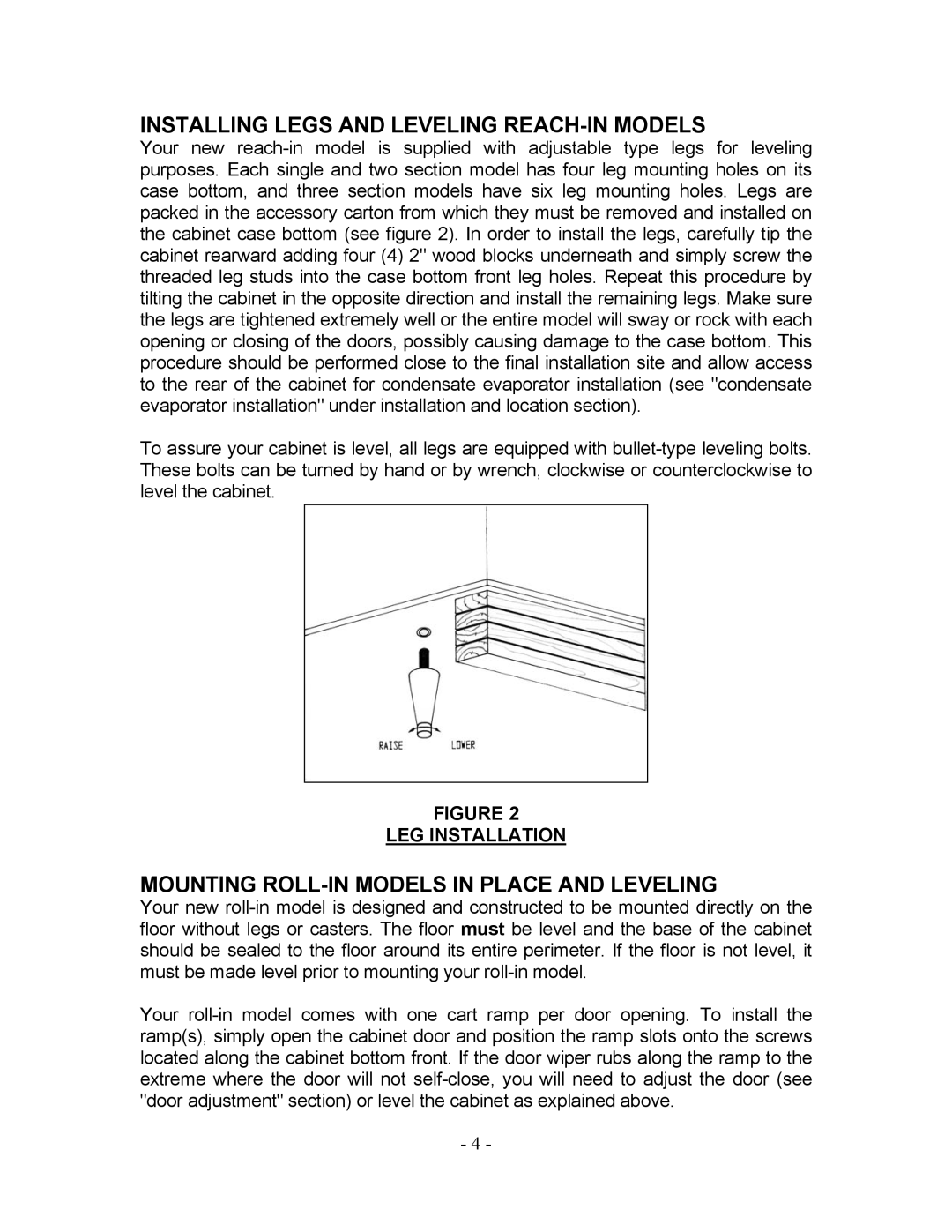 Bally Refrigerated Boxes Refrigerators/Freezers/Warmers Installing Legs and Leveling REACH-IN Models, LEG Installation 