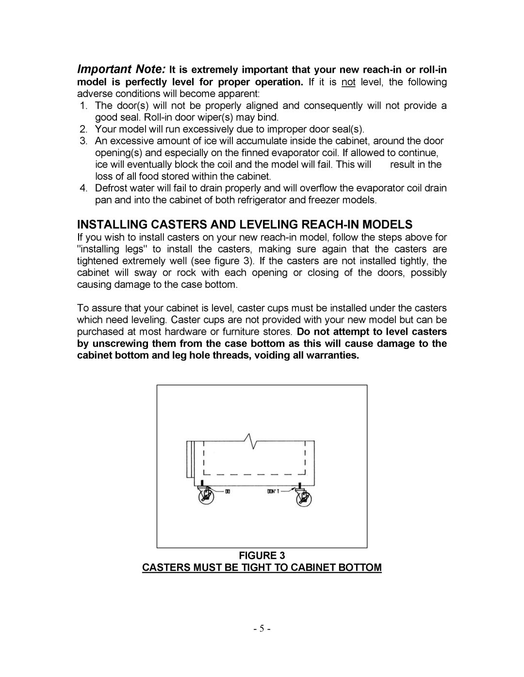 Bally Refrigerated Boxes Refrigerators/Freezers/Warmers manual Installing Casters and Leveling REACH-IN Models 