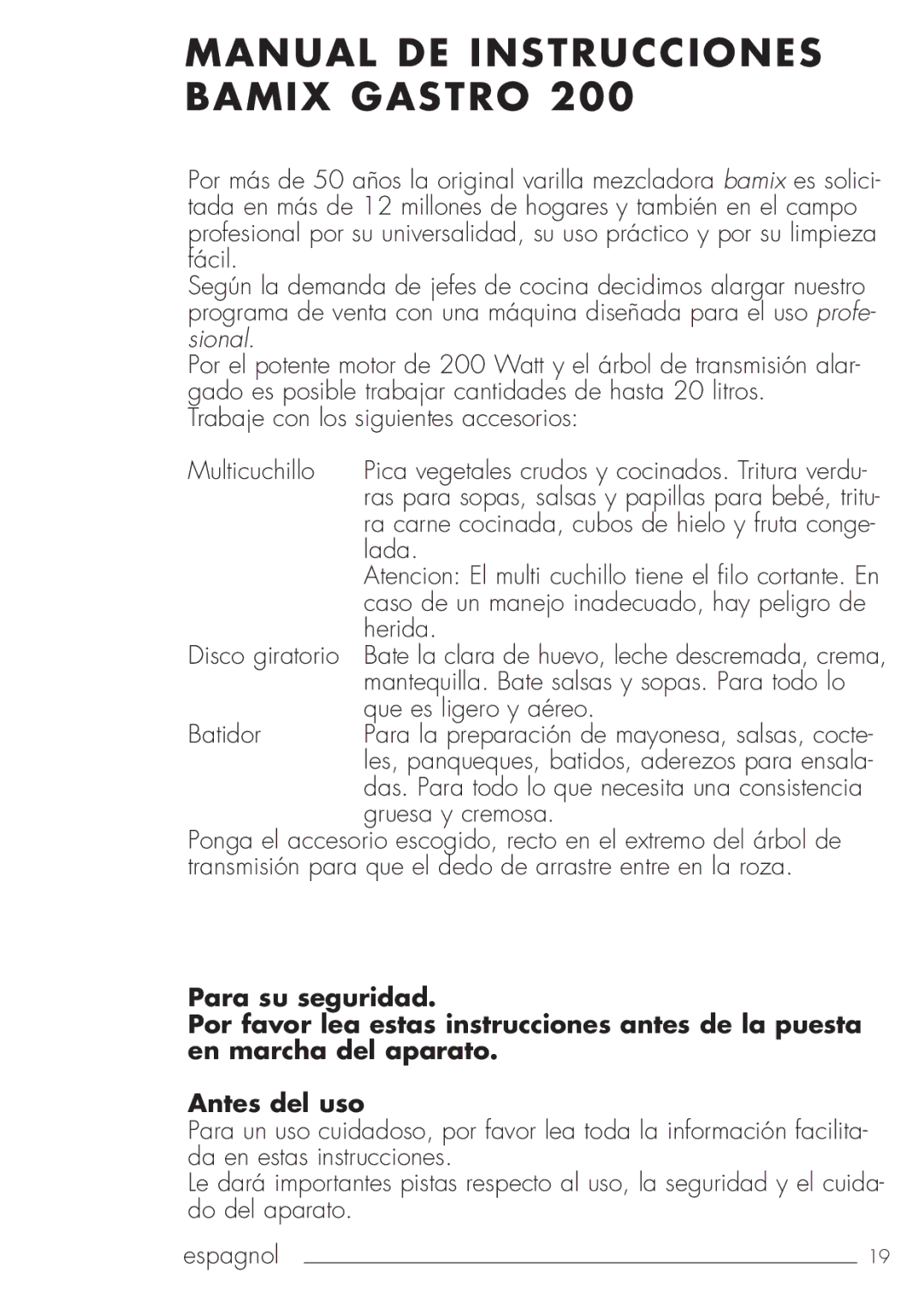 Bamix 103.062 manual Manual DE Instrucciones Bamix Gastro 