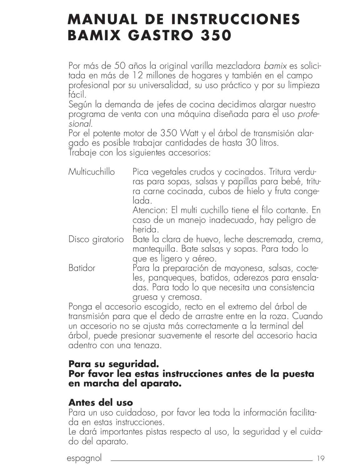 Bamix 106.031 manual Manual DE Instrucciones Bamix Gastro 