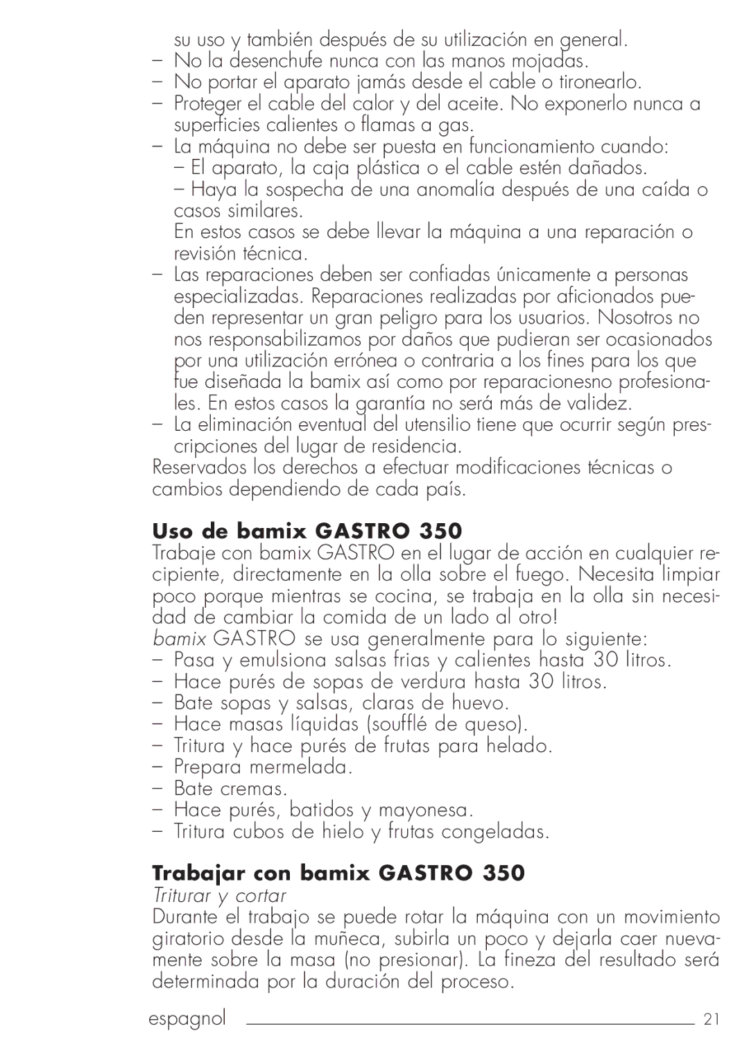 Bamix 106.031 manual Uso de bamix Gastro, Trabajar con bamix Gastro, Triturar y cortar 