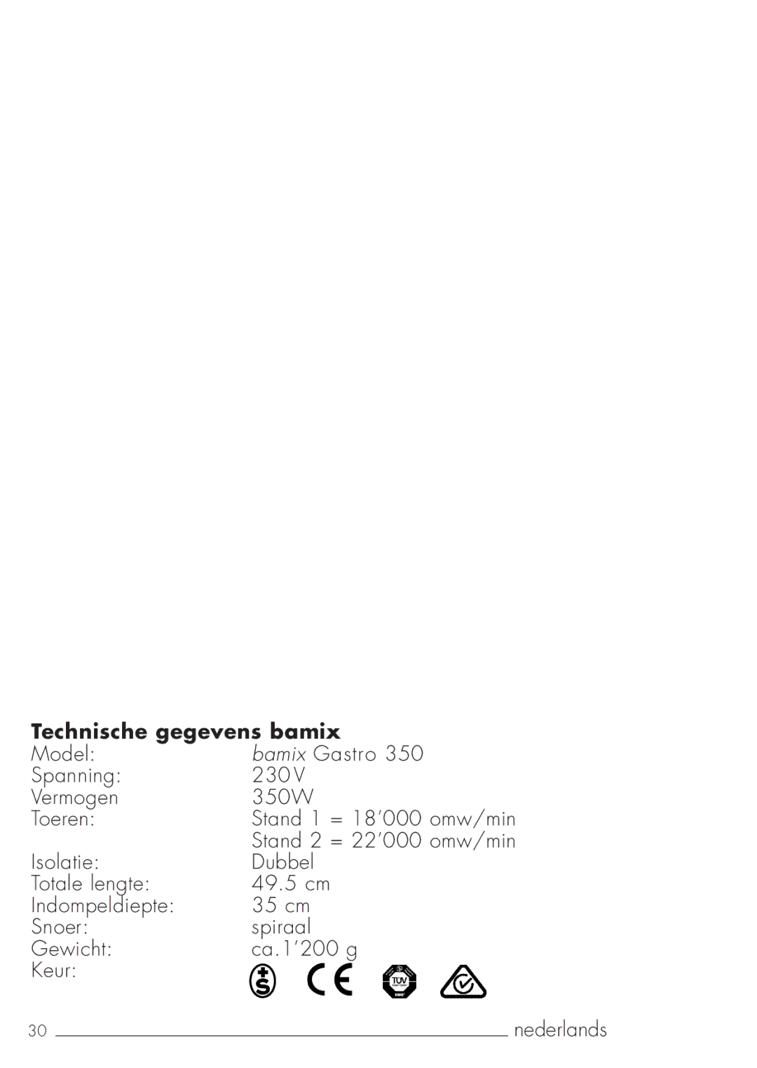 Bamix 106.031 manual Technische gegevens bamix 