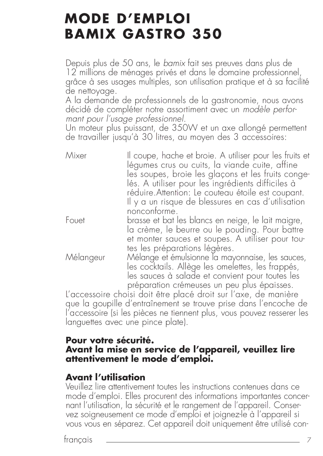 Bamix 106.031 manual Mode D’EMPLOI Bamix Gastro 