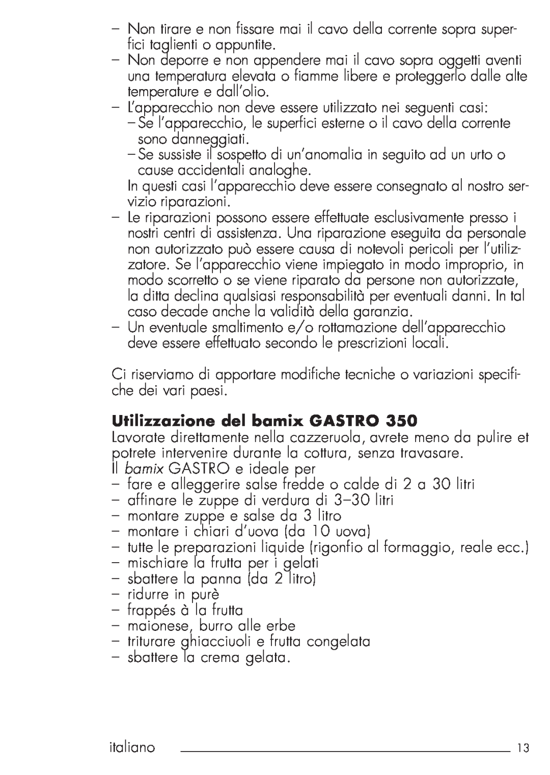 Bamix 106.031 manual Utilizzazione del bamix GASTRO 