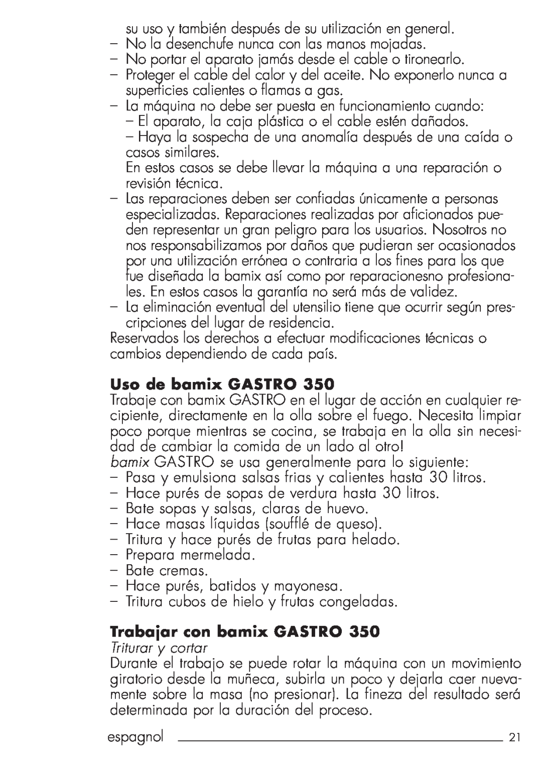 Bamix 106.031 manual Uso de bamix GASTRO, Trabajar con bamix GASTRO, Triturar y cortar 