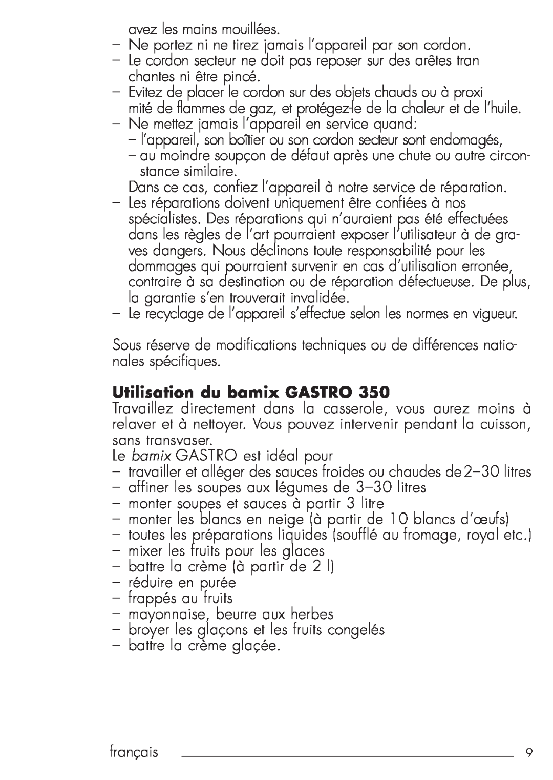 Bamix 106.031 manual Utilisation du bamix GASTRO 