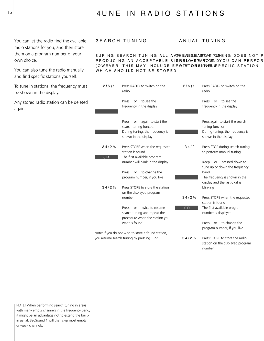 Bang & Olufsen 1 manual Tune in radio stations, Search tuning, Manual tuning 