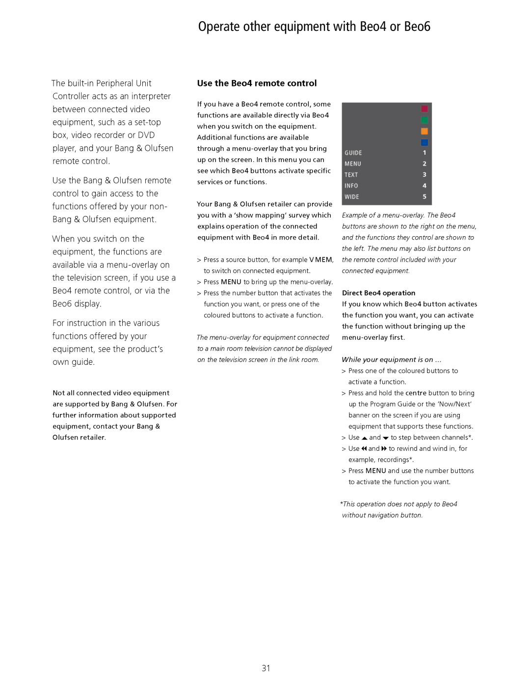 Bang & Olufsen 10 manual Operate other equipment with Beo4 or Beo6, Use the Beo4 remote control, Direct Beo4 operation 