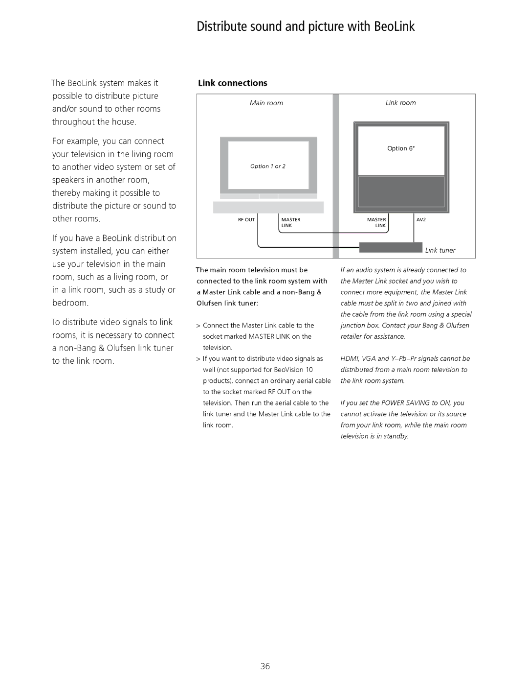 Bang & Olufsen 10 manual Distribute sound and picture with BeoLink, Link connections, Main room Link room 