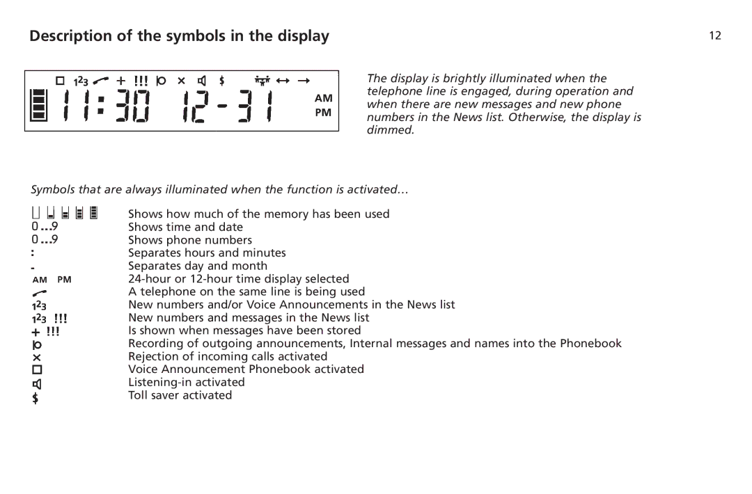 Bang & Olufsen 1200 manual Description of the symbols in the display 