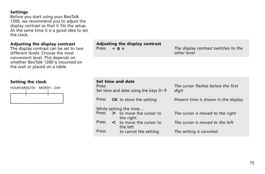 Bang & Olufsen 1200 manual Settings, Setting the clock, Set time and date 