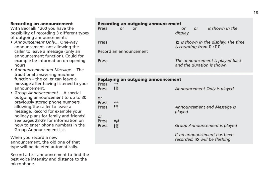 Bang & Olufsen 1200 manual Recording an outgoing announcement, Replaying an outgoing announcement 