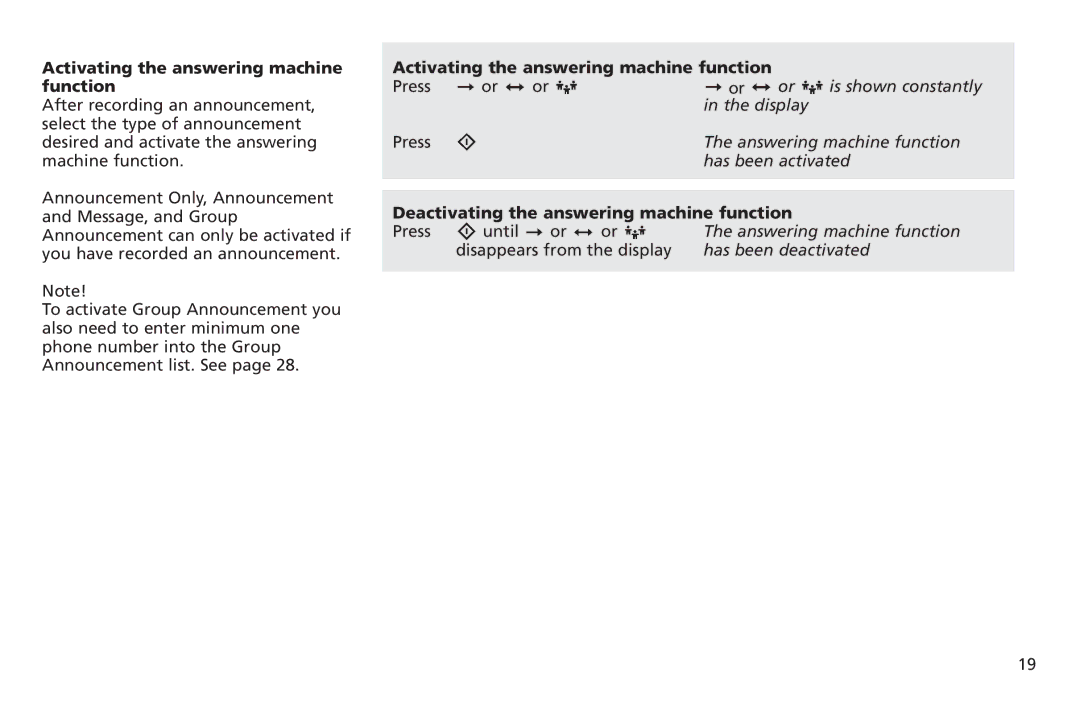 Bang & Olufsen 1200 manual Activating the answering machine function, Deactivating the answering machine function 