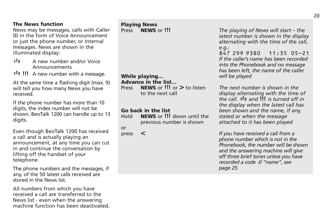 Bang & Olufsen 1200 manual News function, Playing News, While playing… Advance in the list…, Go back in the list 