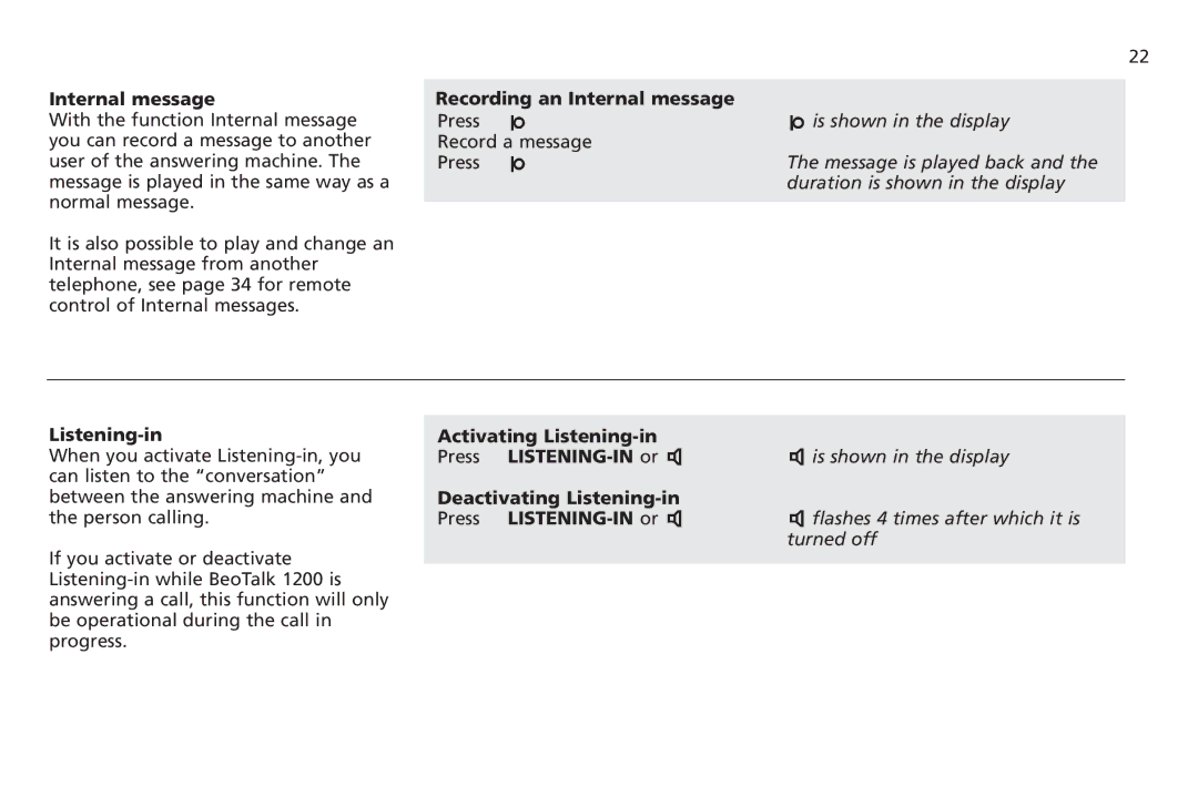 Bang & Olufsen 1200 manual Recording an Internal message, Activating Listening-in Press LISTENING-IN or 