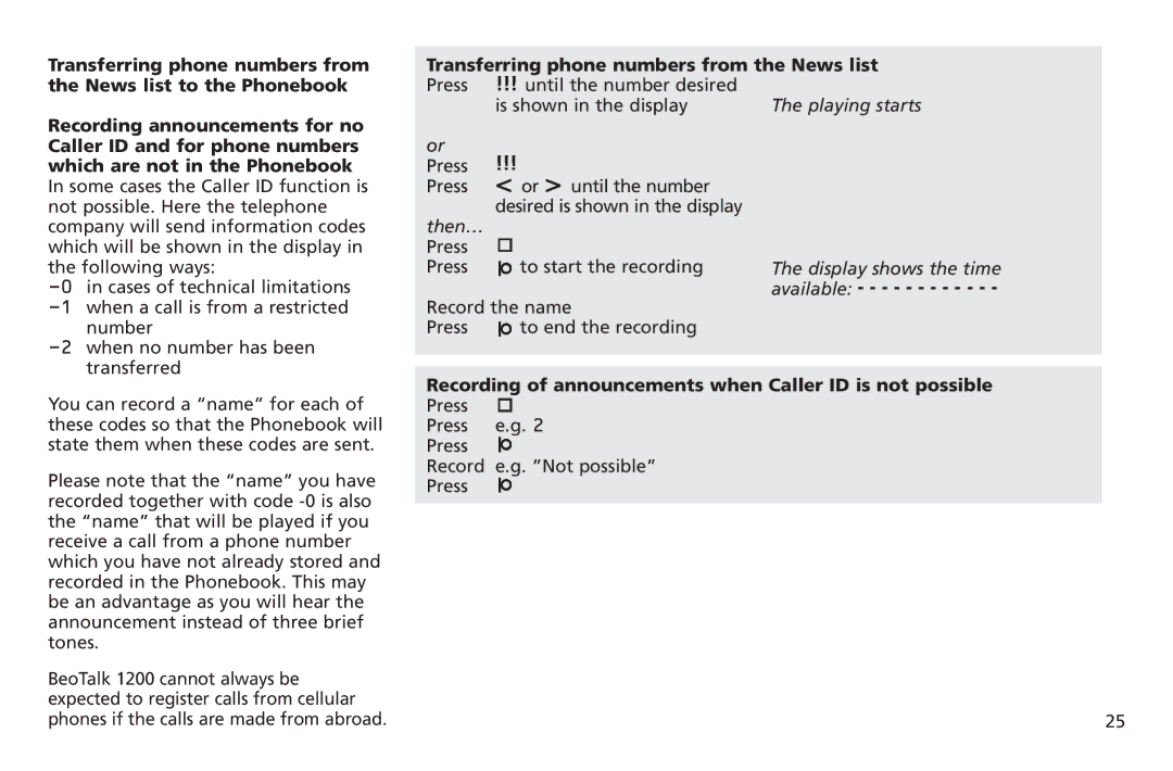 Bang & Olufsen 1200 manual Recording of announcements when Caller ID is not possible 