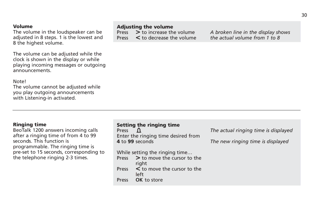 Bang & Olufsen 1200 manual Volume, Adjusting the volume, Ringing time 
