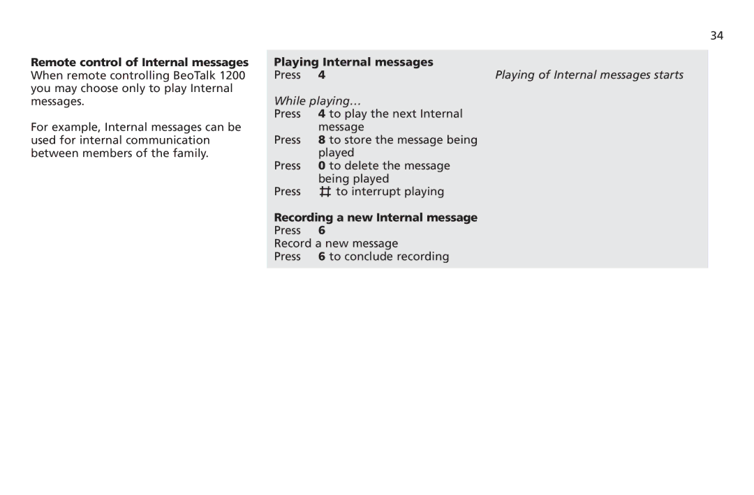 Bang & Olufsen 1200 manual Remote control of Internal messages, Playing Internal messages, Recording a new Internal message 