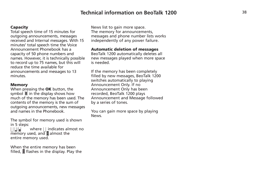 Bang & Olufsen 1200 manual Technical information on BeoTalk, Capacity, Memory 