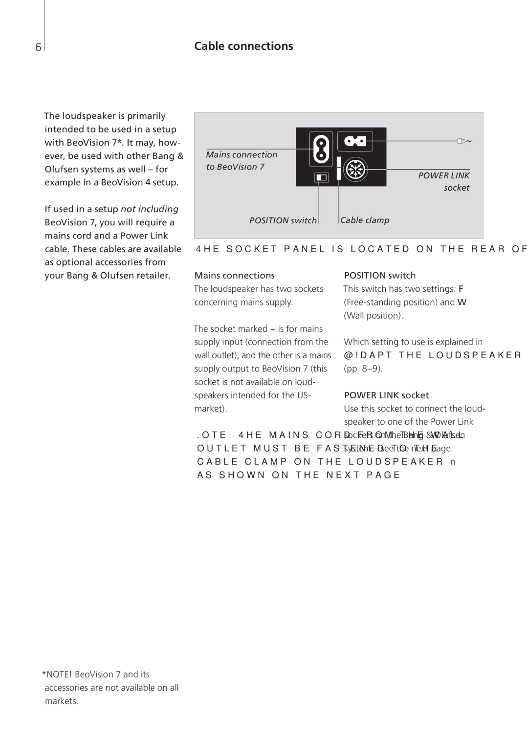 Bang & Olufsen 2-Jul, 1-Jul manual Cable connections, Socket panel is located on the rear of the loudspeaker 