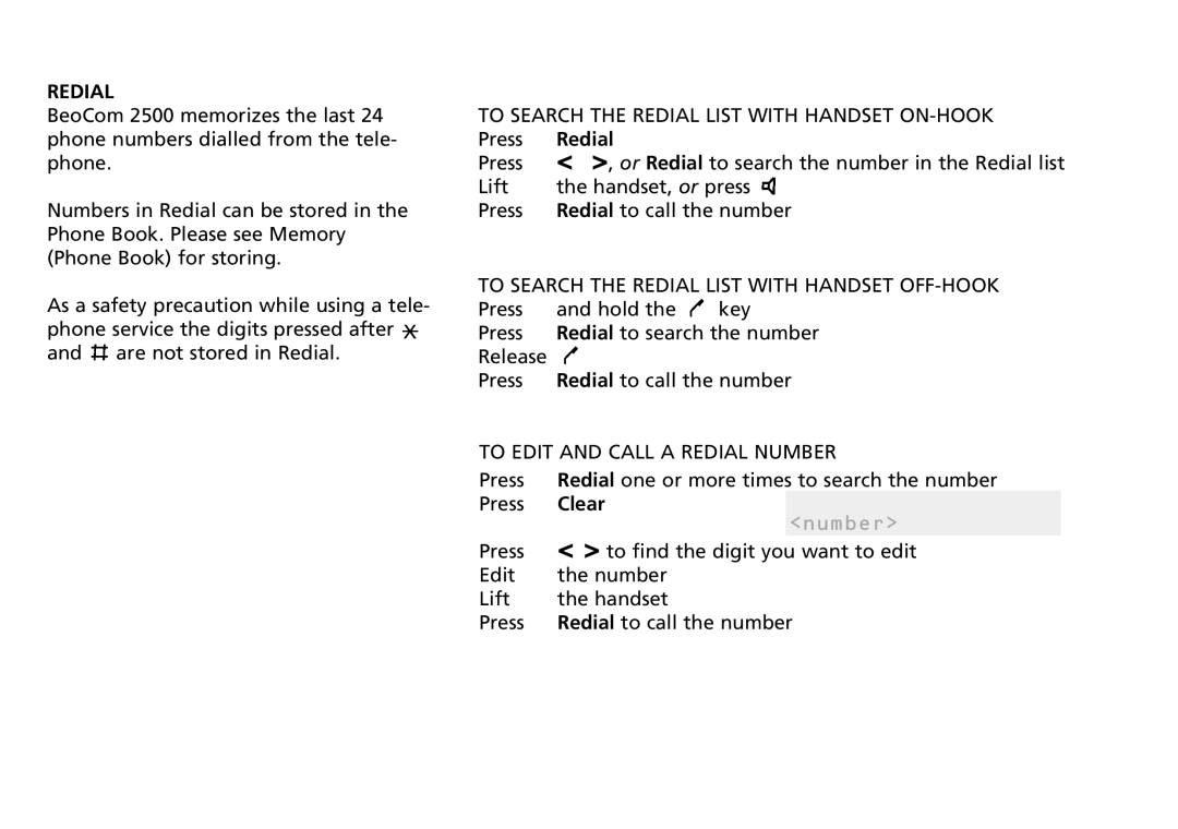 Bang & Olufsen 2500 To Search the Redial List with Handset ON-HOOK, To Search the Redial List with Handset OFF-HOOK 