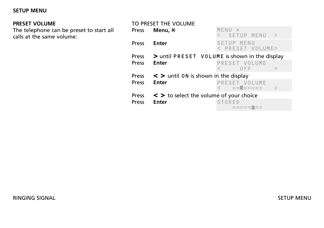 Bang & Olufsen 2500 manual Setup Menu Preset Volume, Preset Volume OFF, Ringing Signal 