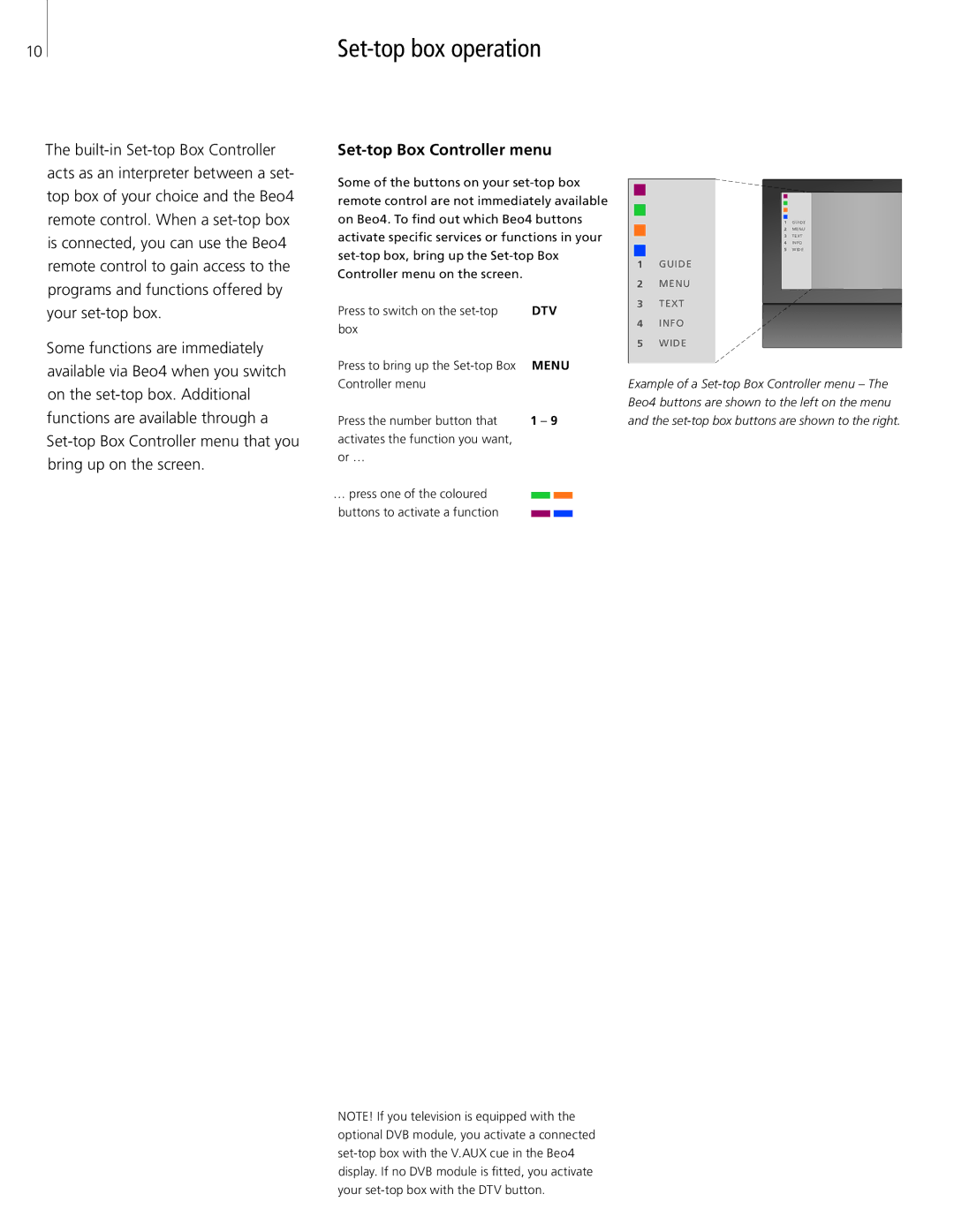 Bang & Olufsen 26-Jun manual Set-top box operation, Set-top Box Controller menu 