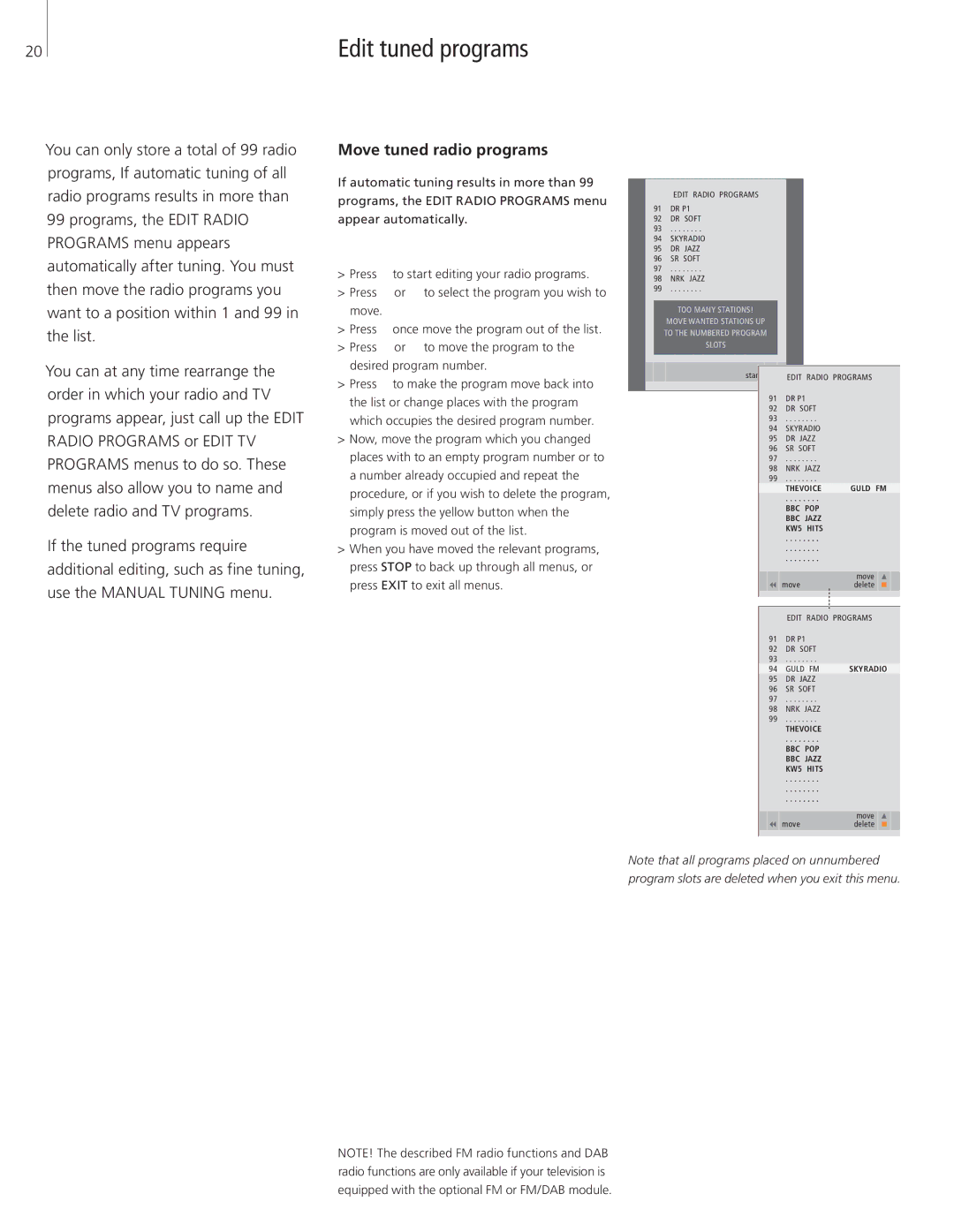 Bang & Olufsen 26-Jun manual Edit tuned programs, Move tuned radio programs 