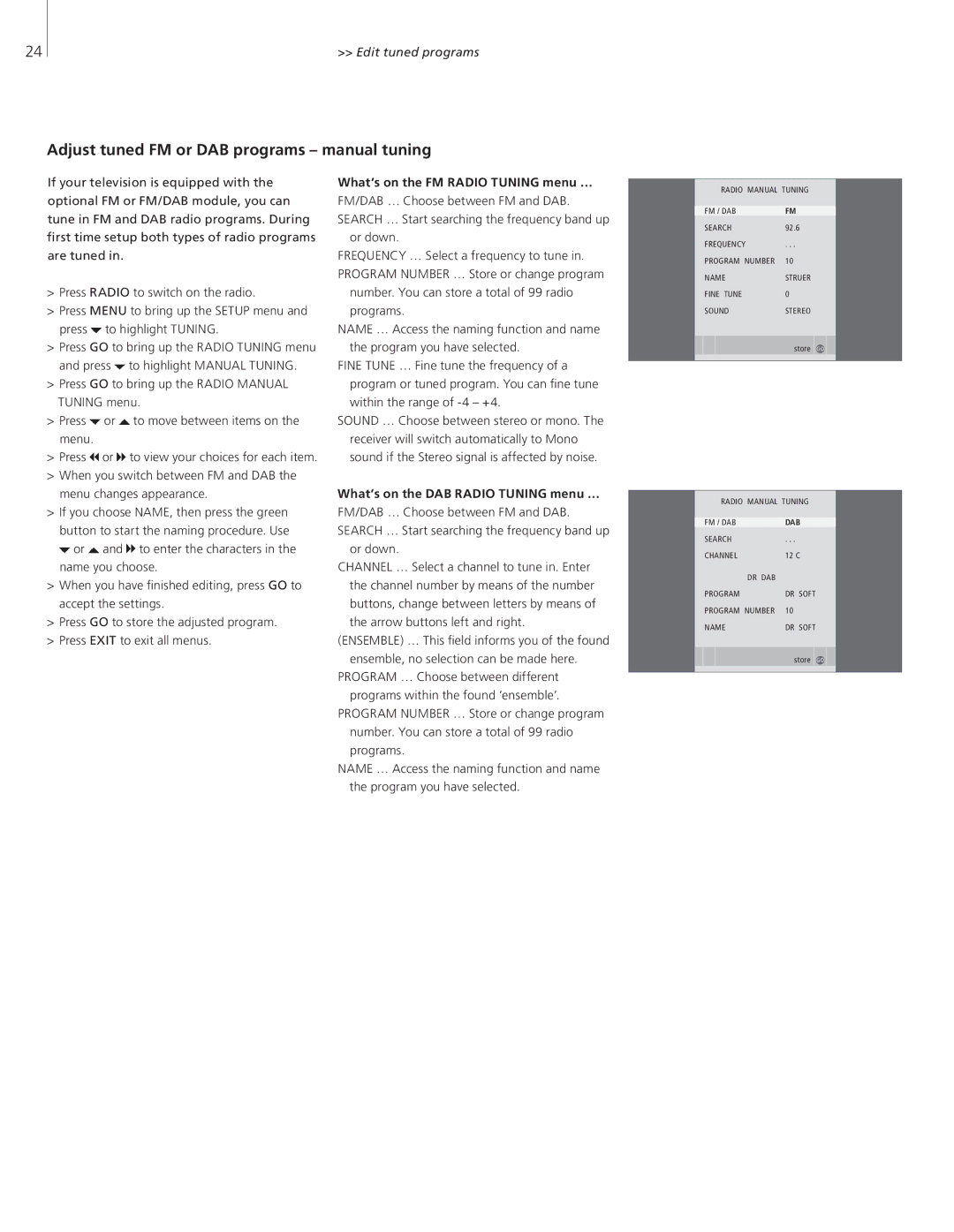 Bang & Olufsen 26-Jun Adjust tuned FM or DAB programs manual tuning, What’s on the FM Radio Tuning menu … 