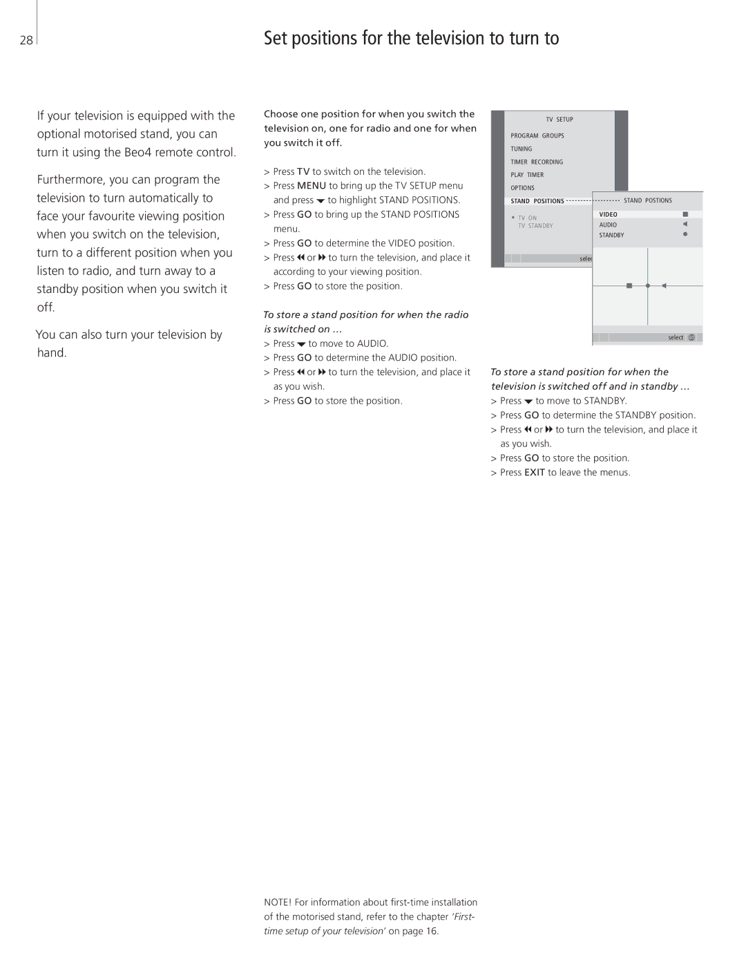 Bang & Olufsen 26-Jun manual Set positions for the television to turn to 