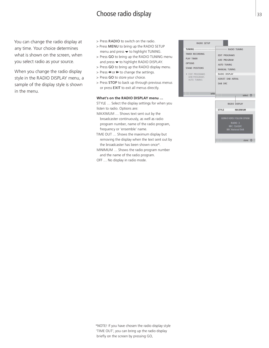 Bang & Olufsen 26-Jun manual Choose radio display, What’s on the Radio Display menu … 