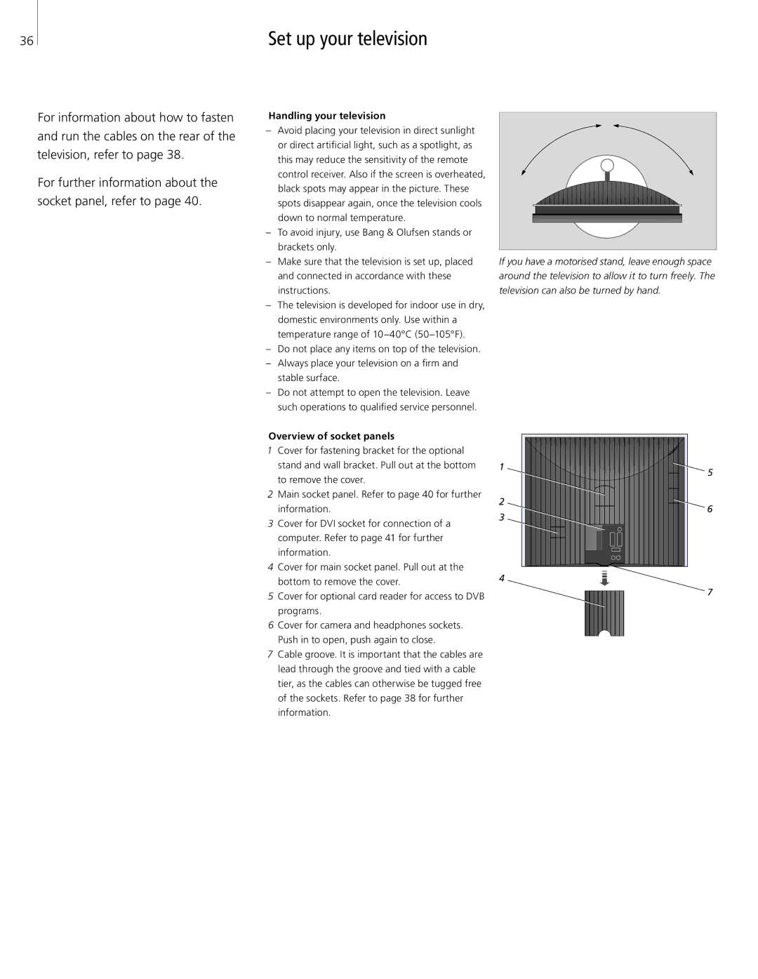 Bang & Olufsen 26-Jun manual Set up your television, Handling your television, Overview of socket panels 