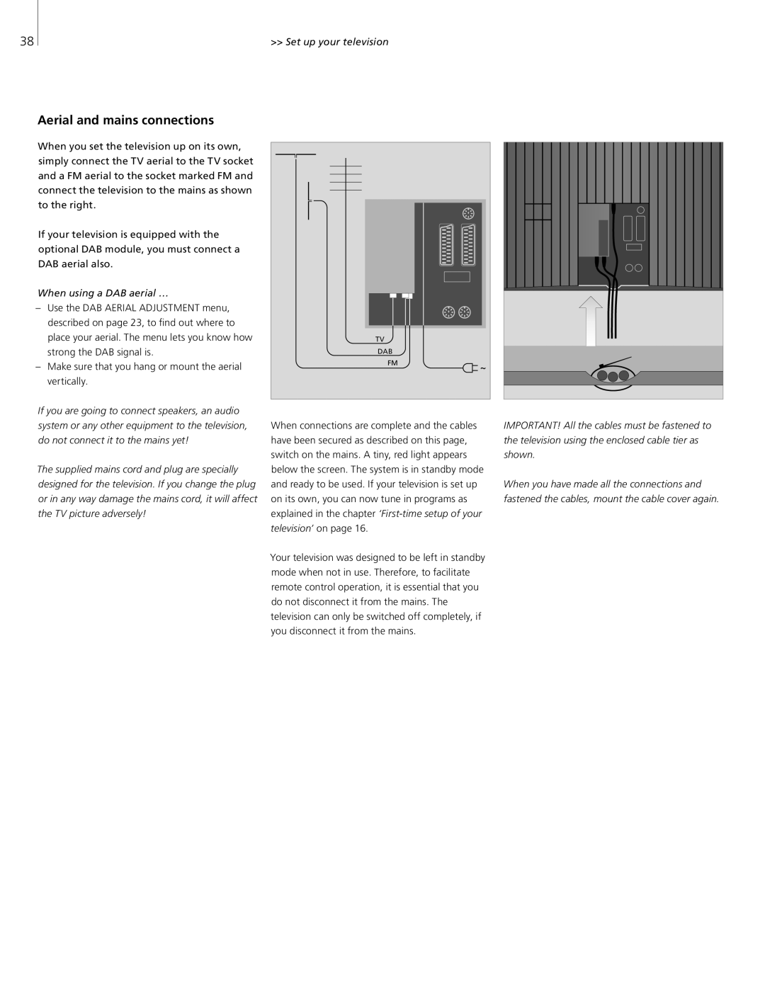 Bang & Olufsen 26-Jun manual Aerial and mains connections, Set up your television, When using a DAB aerial … 