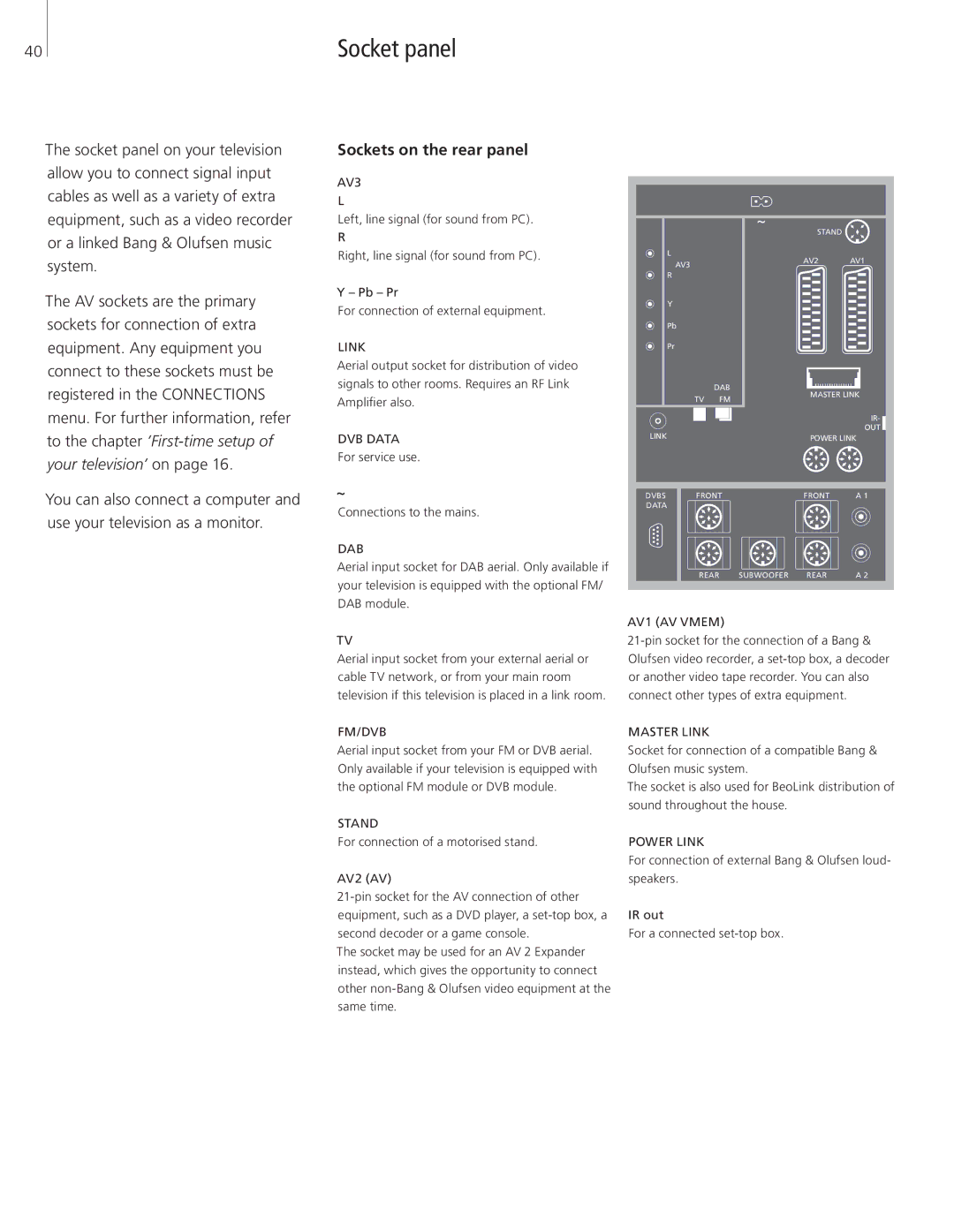 Bang & Olufsen 26-Jun manual Socket panel, Sockets on the rear panel 