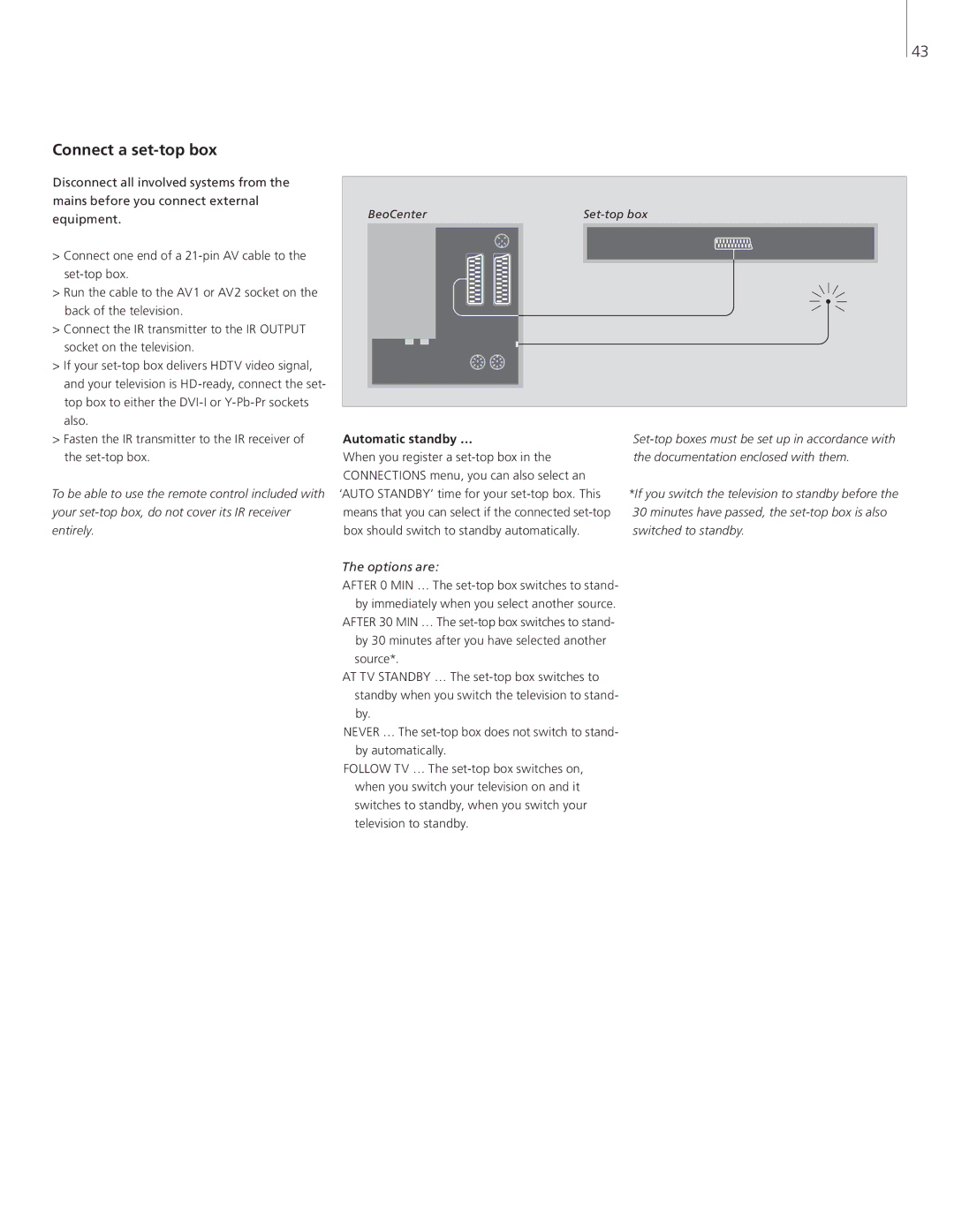 Bang & Olufsen 26-Jun manual Connect a set-top box, Automatic standby …, Options are 