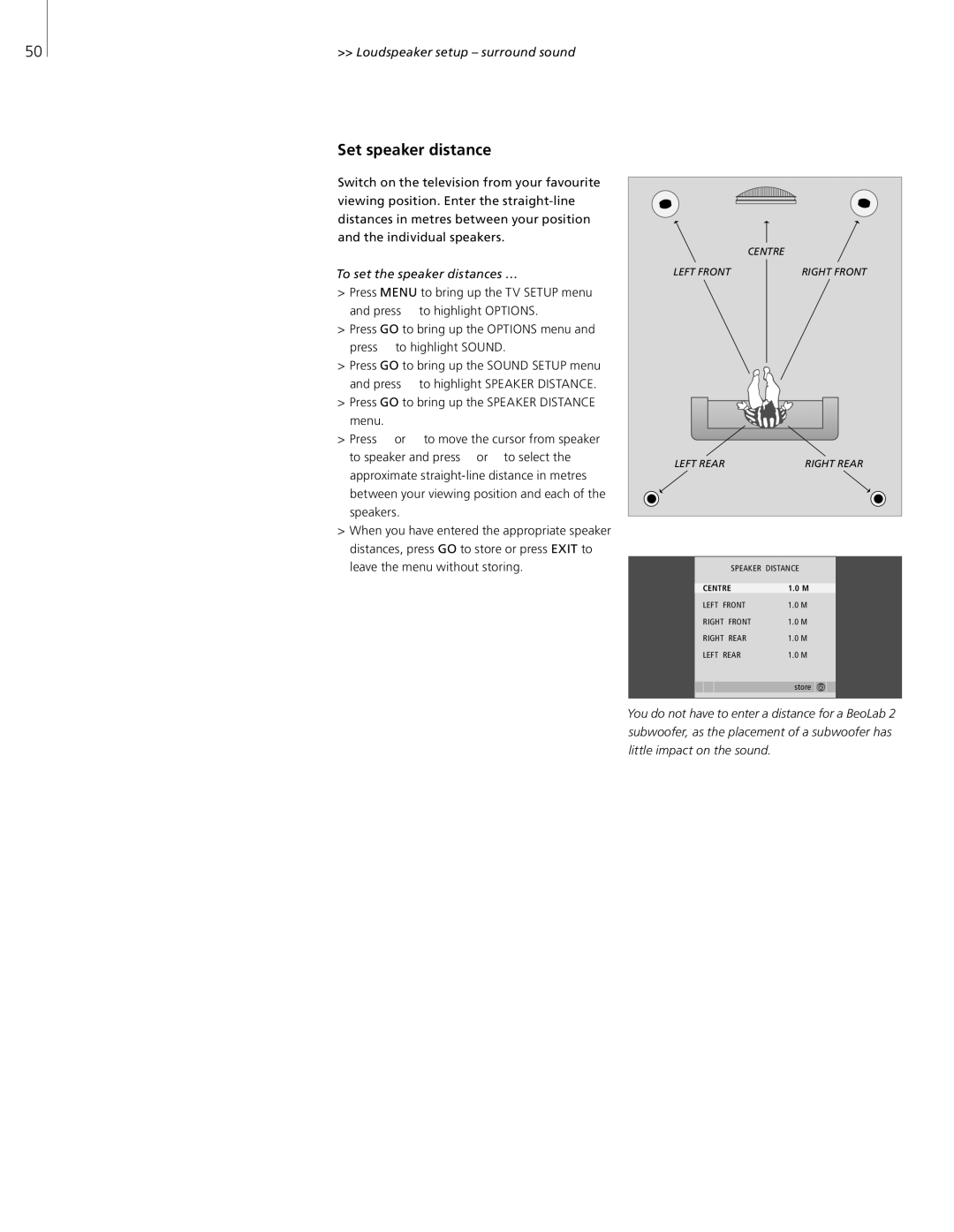 Bang & Olufsen 26-Jun manual Set speaker distance, Loudspeaker setup surround sound, To set the speaker distances … 