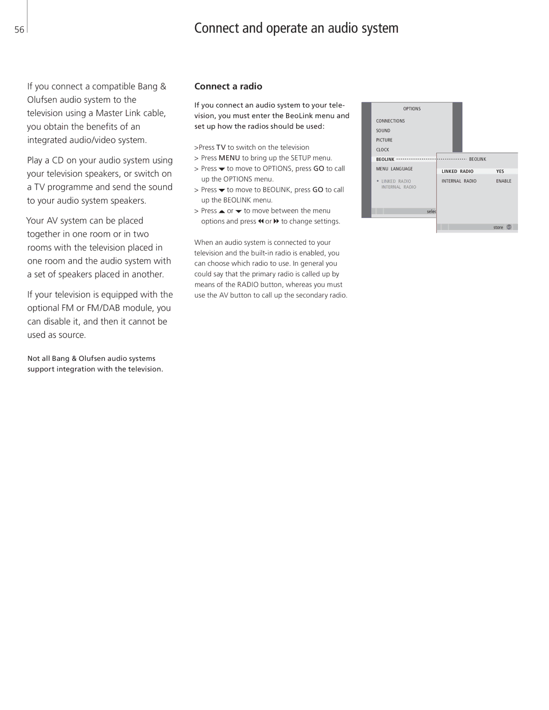 Bang & Olufsen 26-Jun manual Connect and operate an audio system, Connect a radio 