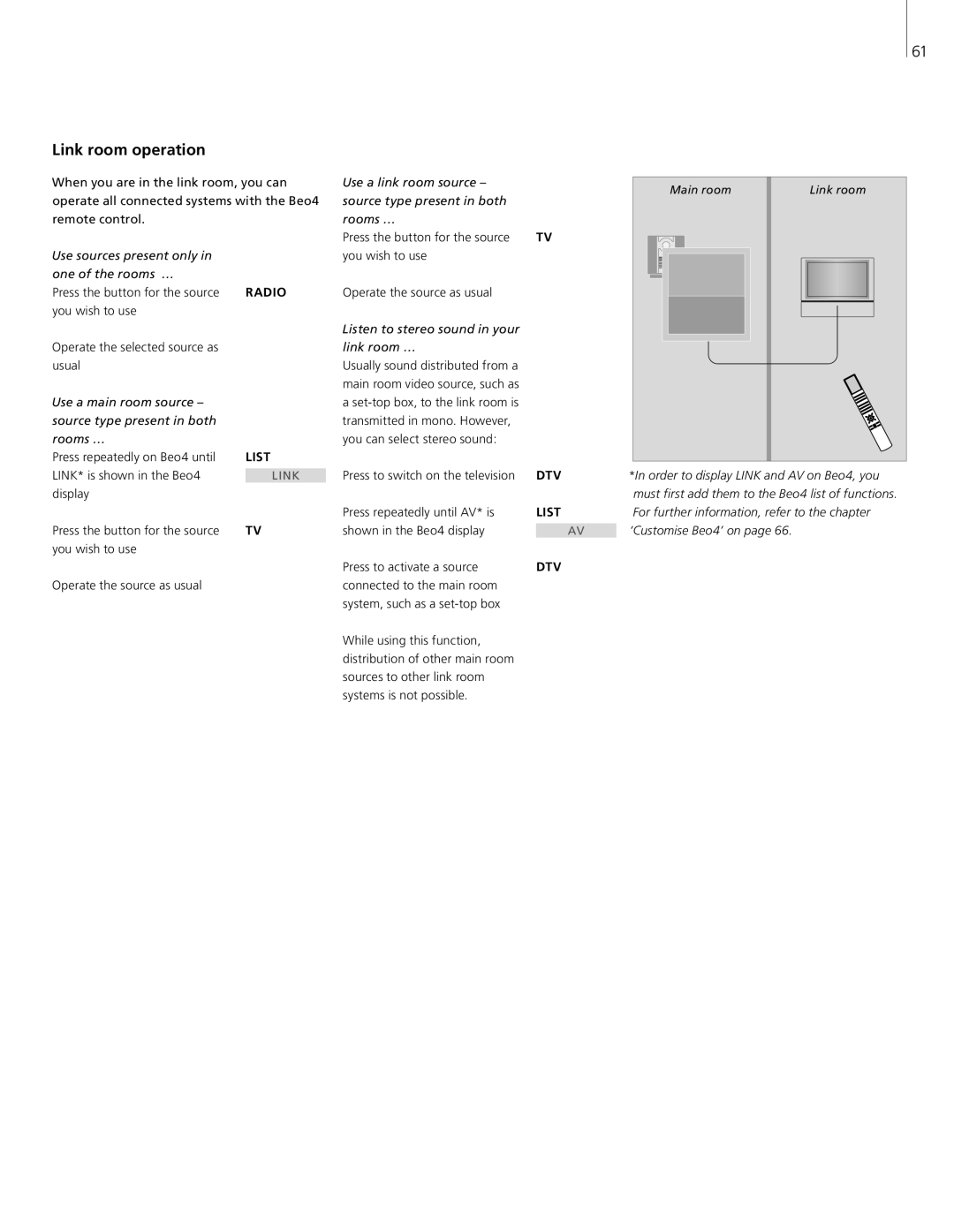 Bang & Olufsen 26-Jun manual Link room operation, LINK* is shown in the Beo4, Press repeatedly until AV* is 