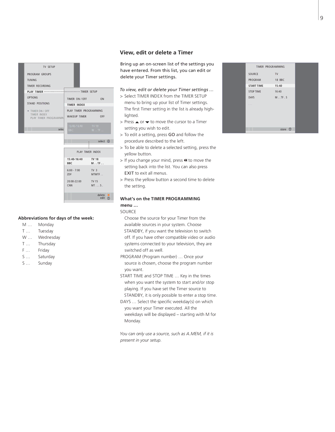 Bang & Olufsen 26-Jun manual View, edit or delete a Timer, Abbreviations for days of the week 