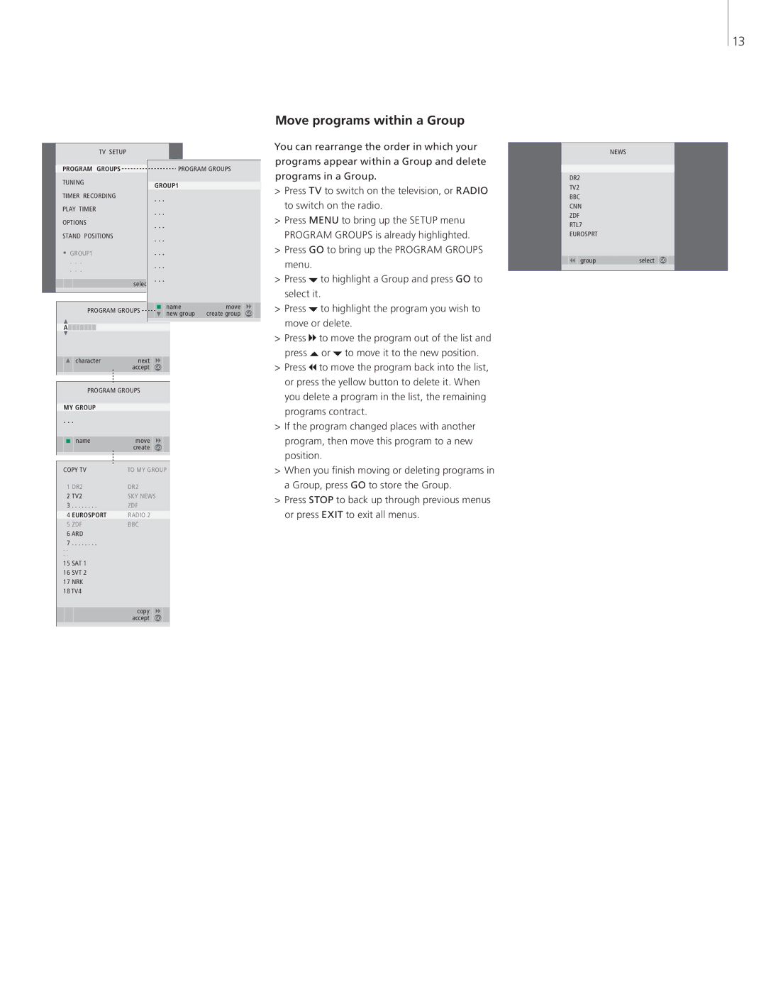 Bang & Olufsen 41086 manual Move programs within a Group, GROUP1 