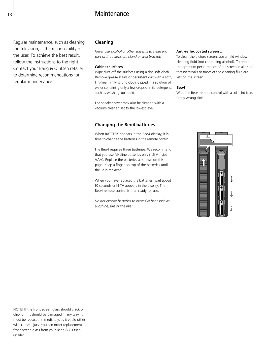 Bang & Olufsen 41086 manual Maintenance, Cleaning, Changing the Beo4 batteries 