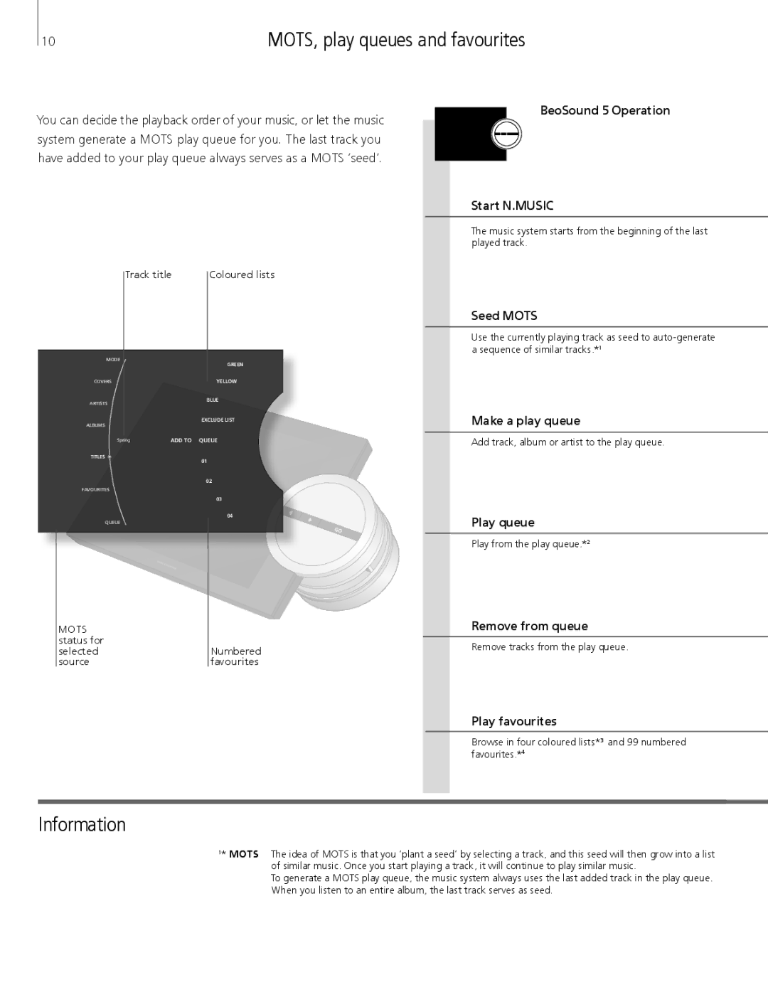 Bang & Olufsen 5 manual Information, MOTS, play queues and favourites 