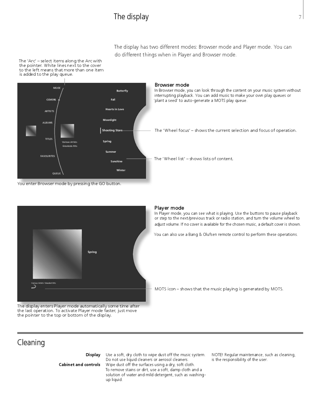 Bang & Olufsen 5 manual Display, Cleaning, Browser mode, Player mode 