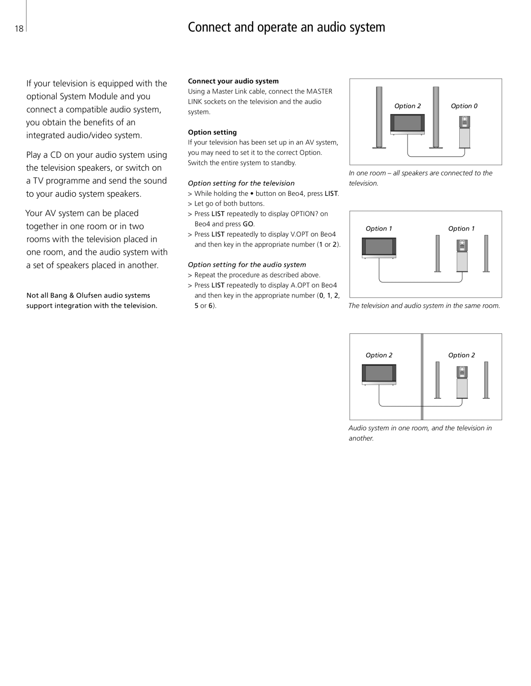 Bang & Olufsen 8 manual Connect and operate an audio system, Connect your audio system, Option setting 